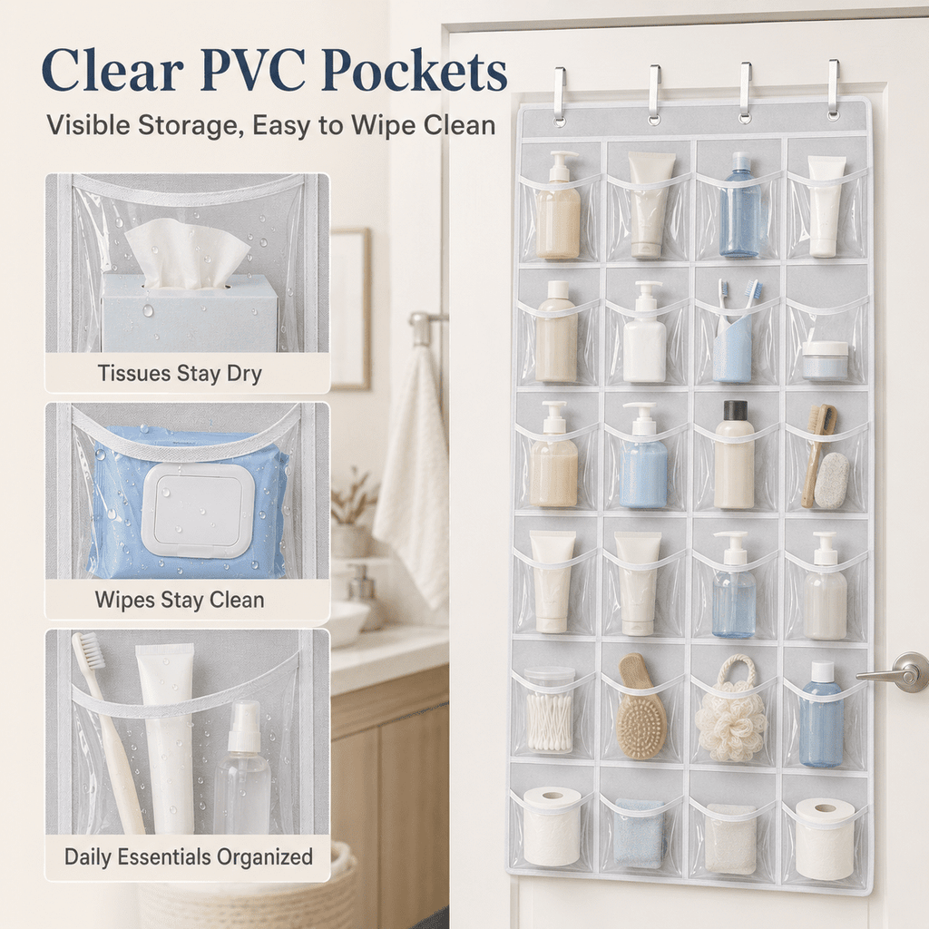 GQCLNBH 24-Pocket Over-the-Door Shoe Organizer, Clear Hanging Shoe Holder with 4 Metal Hooks, Closet Storage Bag, White, 1 Pack