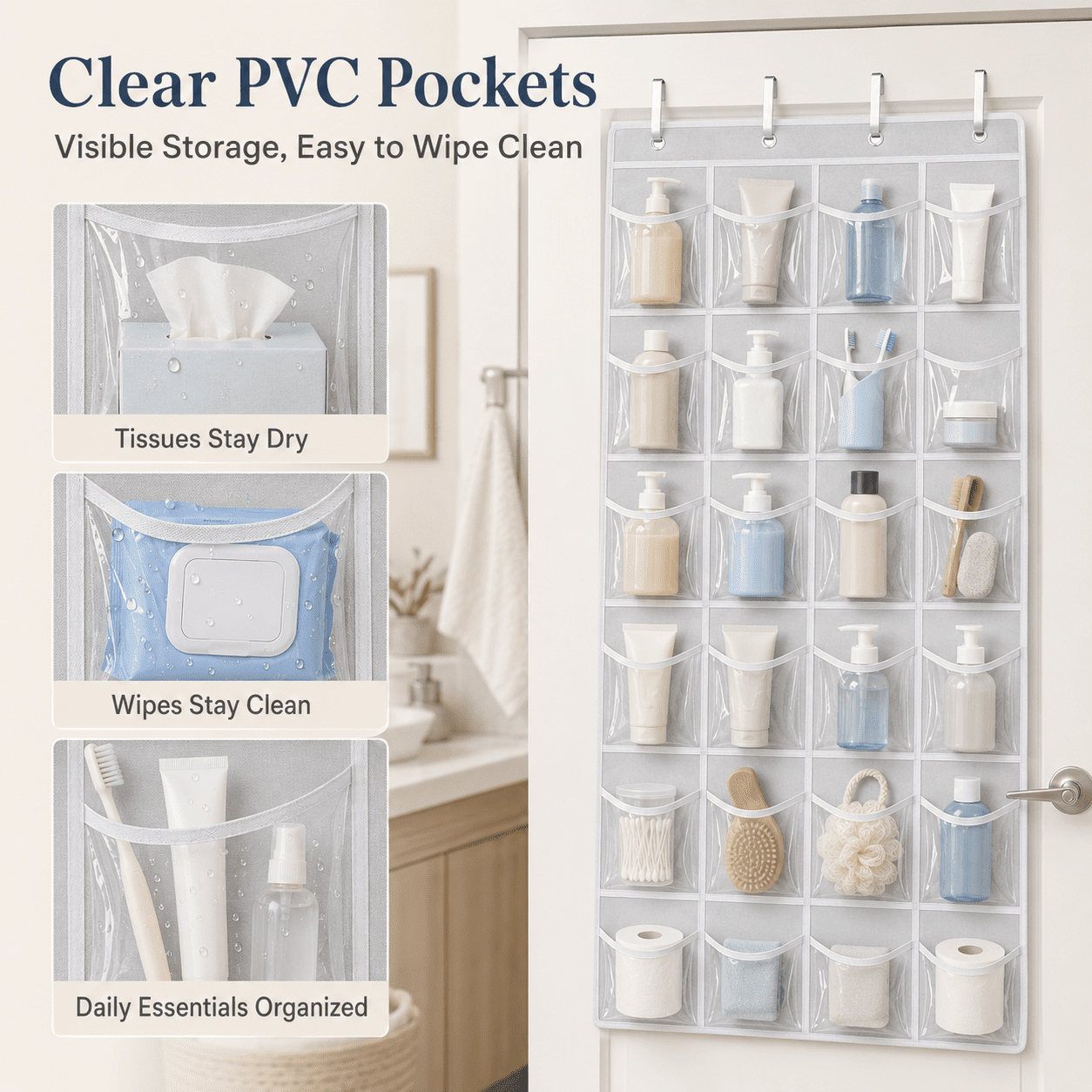 GQCLNBH 24-Pocket Over-the-Door Shoe Organizer, Clear Hanging Shoe Holder with 4 Metal Hooks, Closet Storage Bag, White, 1 Pack