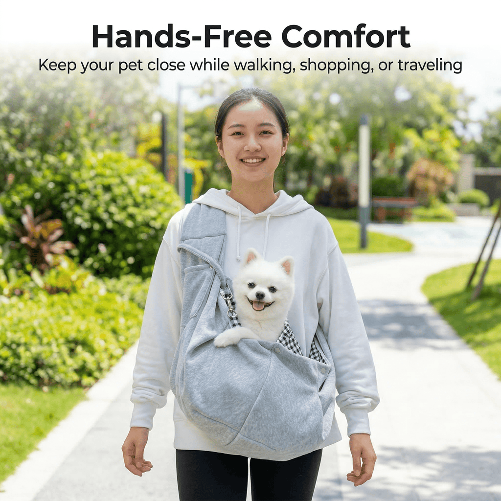 GQCLNBH Dog Sling Carrier for Small Dogs & Cats, Gray M, Hands-Free Pet Shoulder Carrier with Safety Hook, Storage Pocket & Snap Closure, Up to 16.5 lb