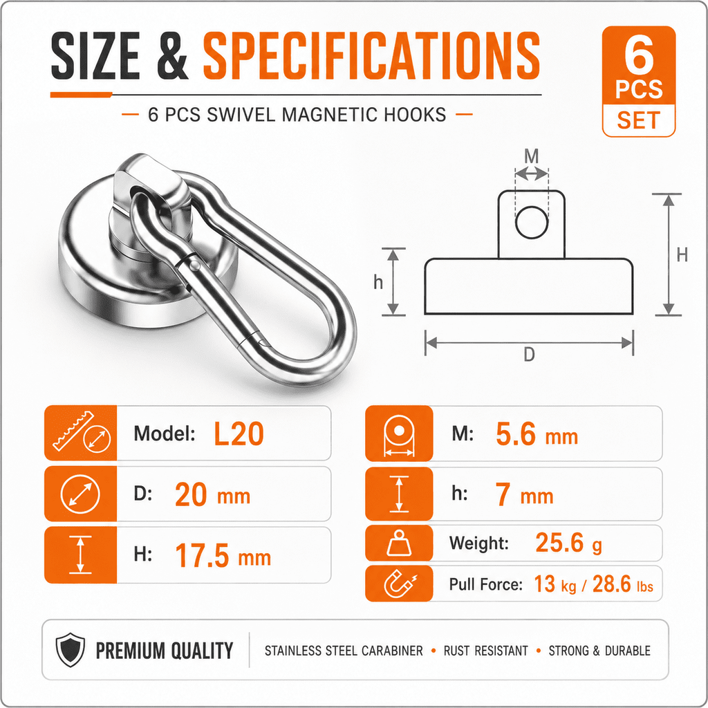 GQCLNBH Magnetic Hooks, 6 Pack Heavy Duty Swivel Carabiner Magnet Hooks, 28.6 lb Pull Force, Stainless Steel Cruise Hooks for Refrigerator, Garage