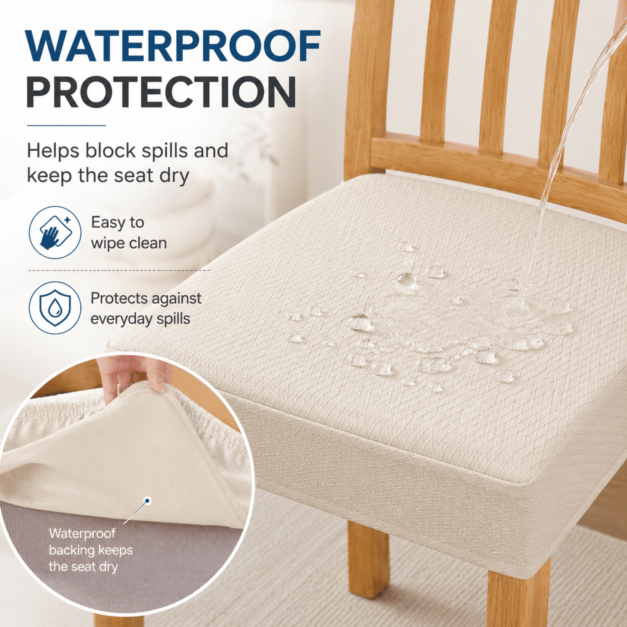 GQCLNBH Waterproof Dining Chair Seat Covers Set of 2, Stretch Jacquard Kitchen Chair Cushion Slipcovers, Beige, Fits 16-19 in