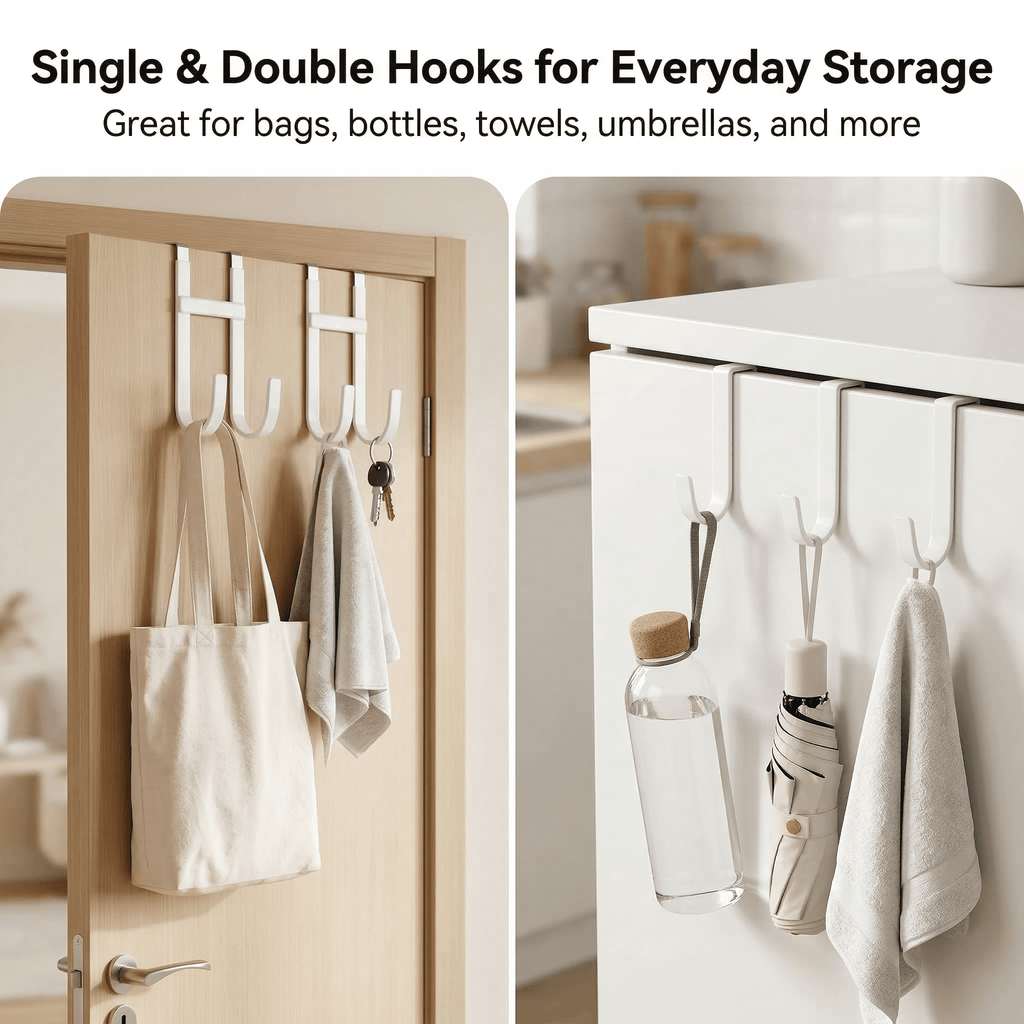 GQCLNBH Over The Door Hooks, 4 Pack Door Hangers with 2 Dual Hooks and 2 Single Hooks, Rubber Coated Metal, Fits 1.2-1.4 in Doors, White