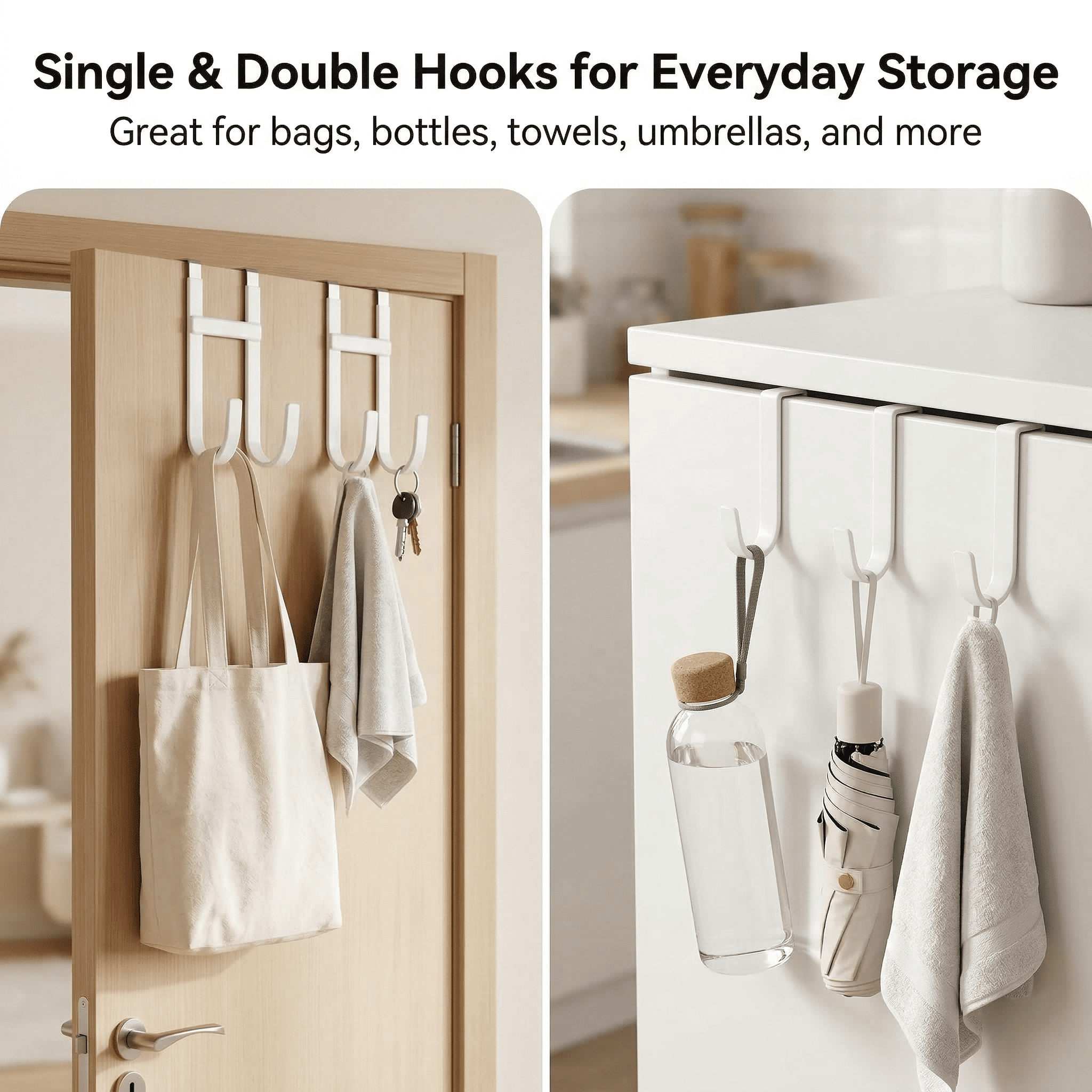 GQCLNBH Over The Door Hooks, 4 Pack Door Hangers with 2 Dual Hooks and 2 Single Hooks, Rubber Coated Metal, Fits 1.2-1.4 in Doors, White