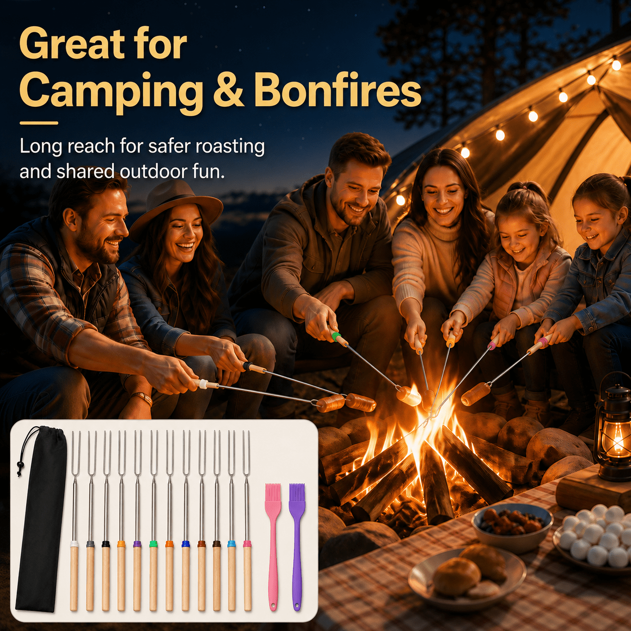 GQCLNBH 12 Pack Marshmallow Roasting Sticks, 32 Inch Telescoping Smores Forks with 2 Silicone Brushes and Storage Pouch