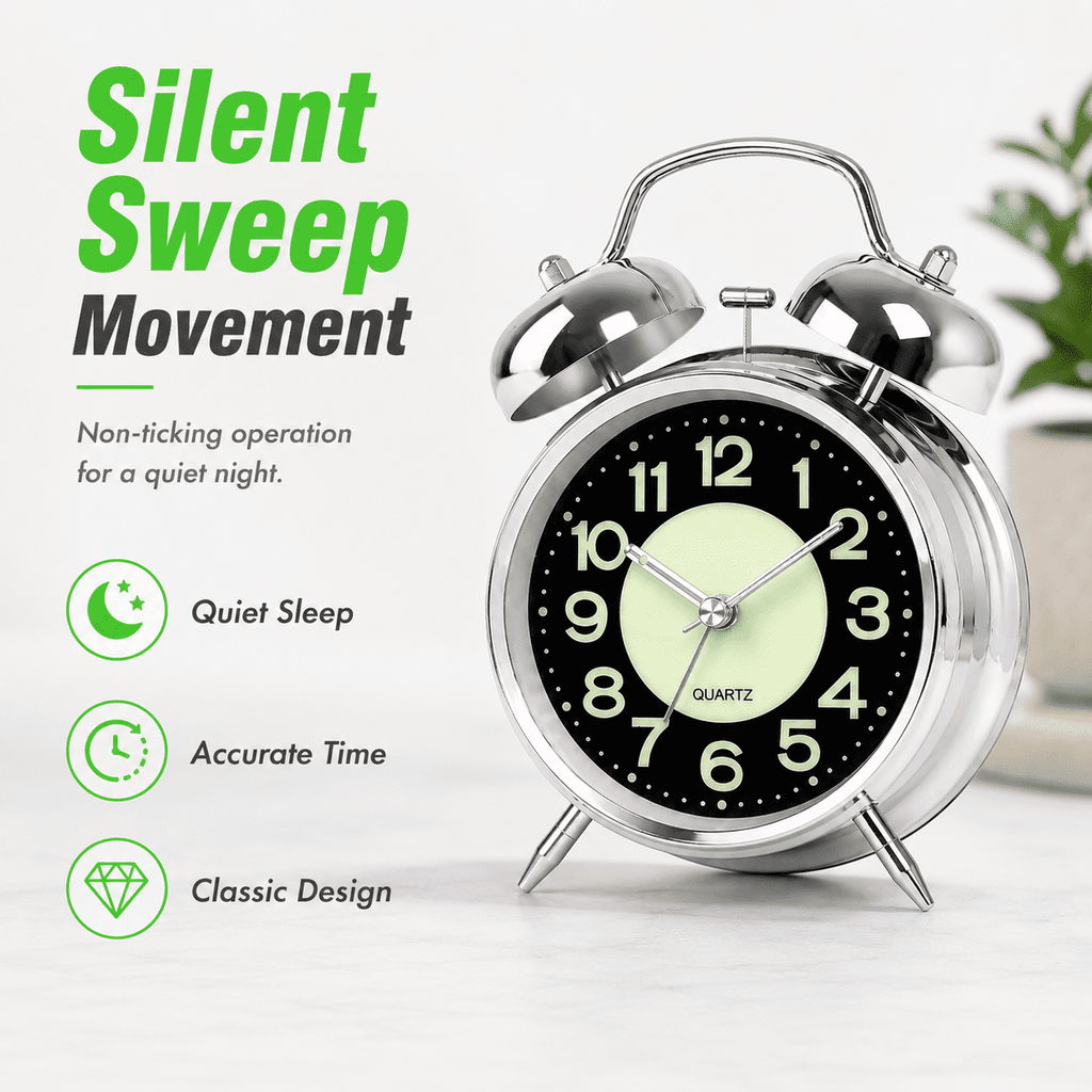 GQCLNBH Twin Bell Alarm Clock, Loud Analog Bedside Clock with Glow-in-the-Dark Dial, Silent Sweep, Night Light, Silver