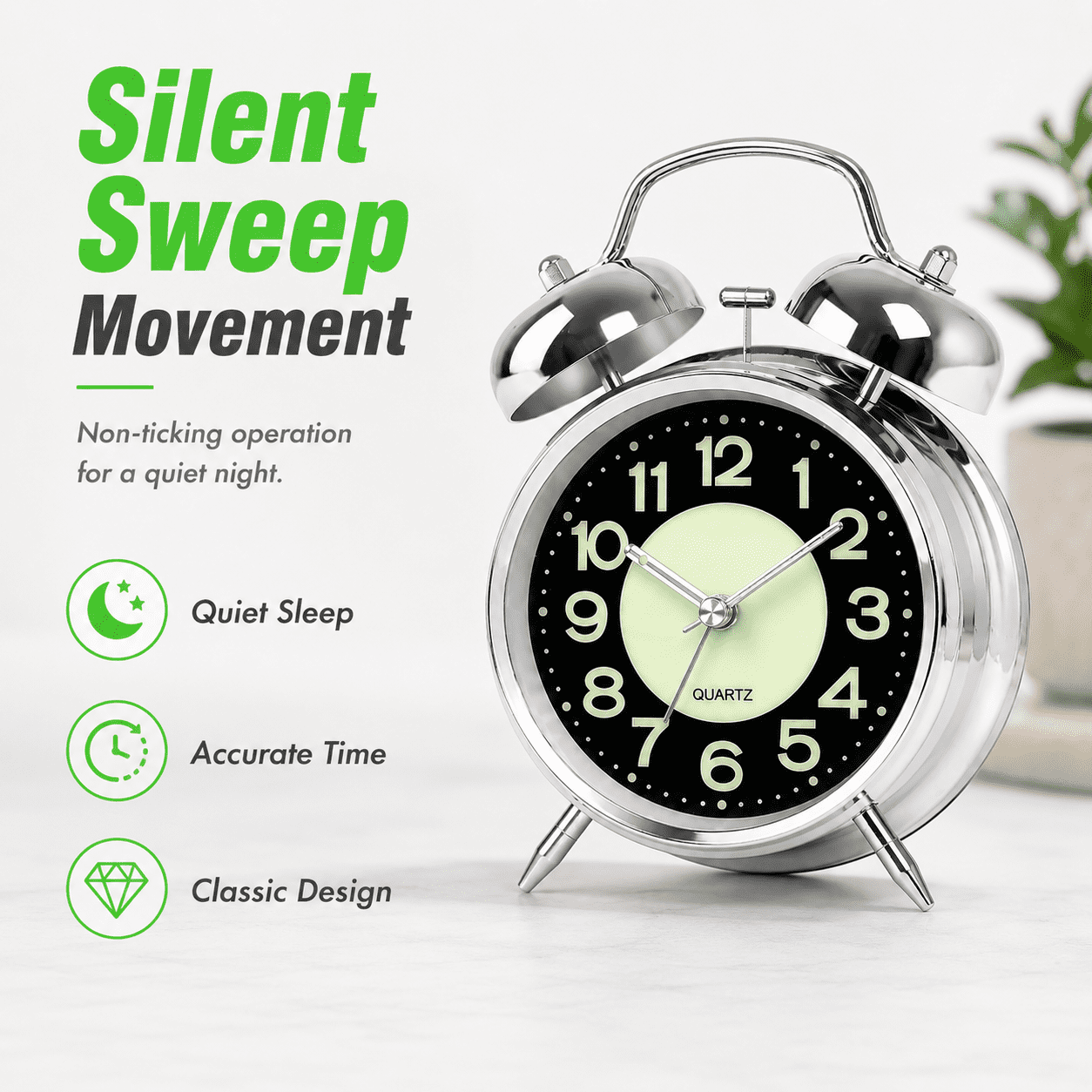 GQCLNBH Twin Bell Alarm Clock, Loud Analog Bedside Clock with Glow-in-the-Dark Dial, Silent Sweep, Night Light, Silver