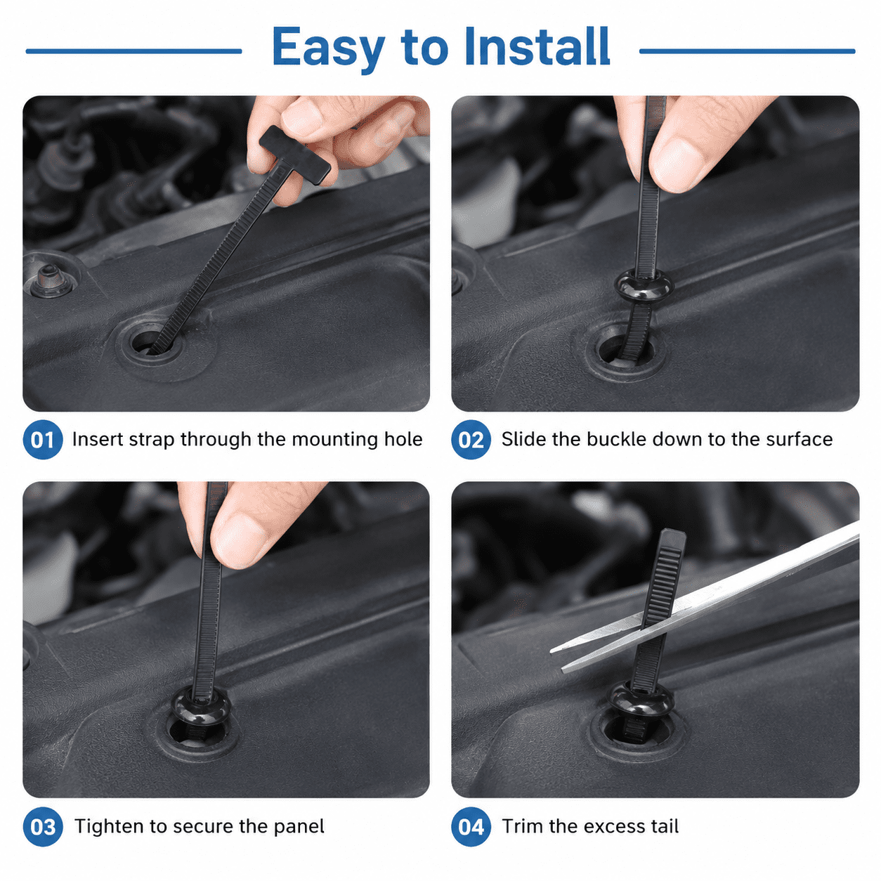 GQCLNBH 200 Pcs Nylon Universal Cable Tie Buckle, Self-Locking Automotive Zip Tie Fasteners for Fender Liners, Trim Panels, Engine Covers, Black