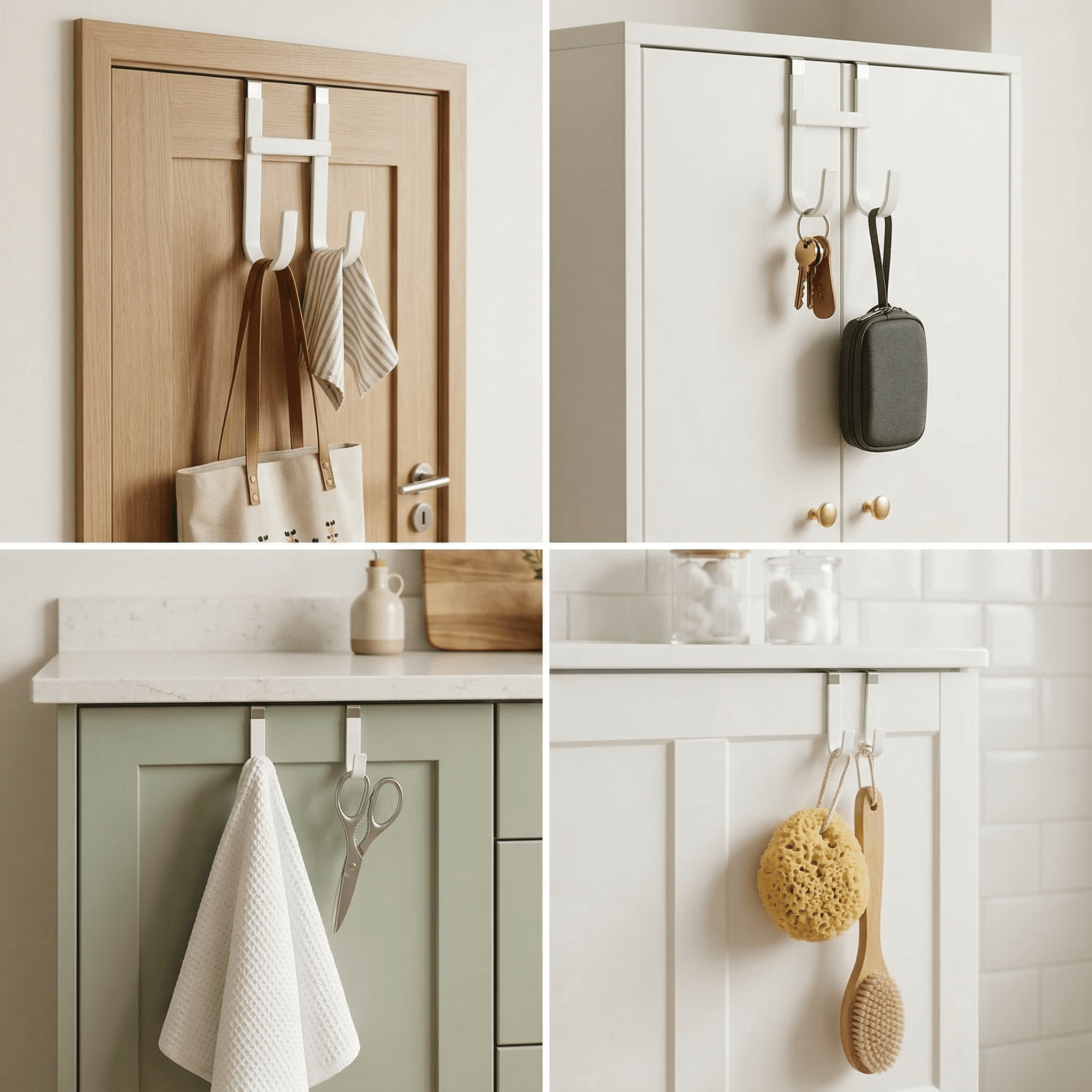 GQCLNBH Over The Door Hooks, 4 Pack Door Hangers with 2 Dual Hooks and 2 Single Hooks, Rubber Coated Metal, Fits 1.2-1.4 in Doors, White