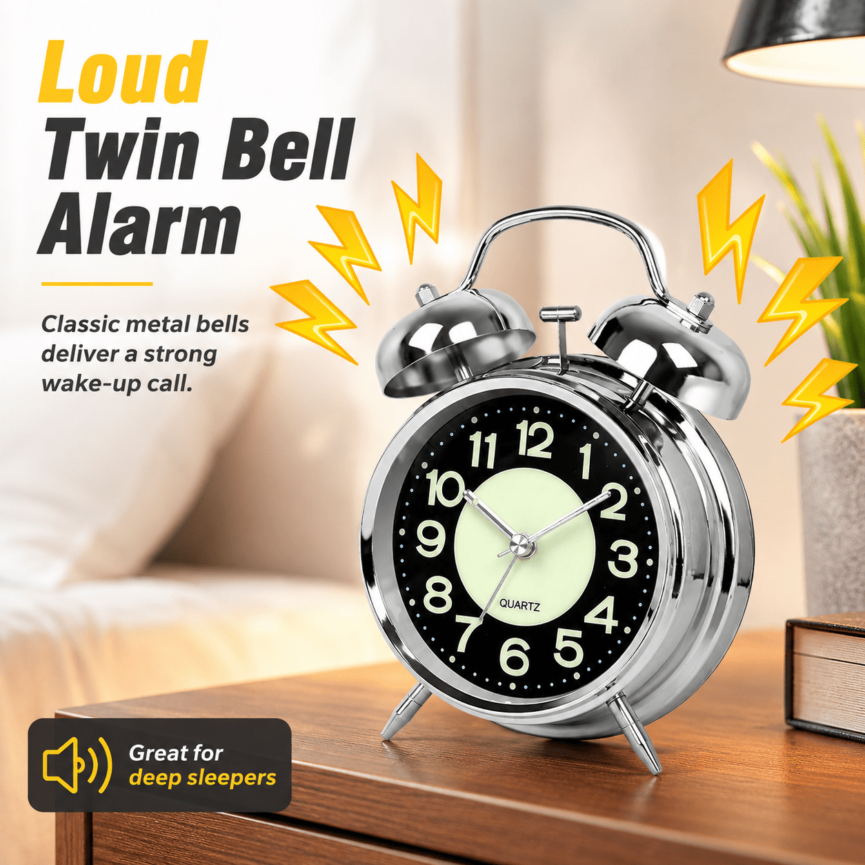 GQCLNBH Twin Bell Alarm Clock, Loud Analog Bedside Clock with Glow-in-the-Dark Dial, Silent Sweep, Night Light, Silver