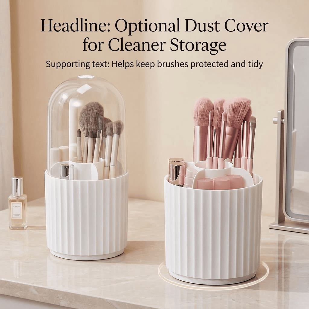GQCLNBH Makeup Brush Holder with Clear Lid, 360 Rotating 5-Compartment Dustproof Makeup Brush Organizer for Vanity, White