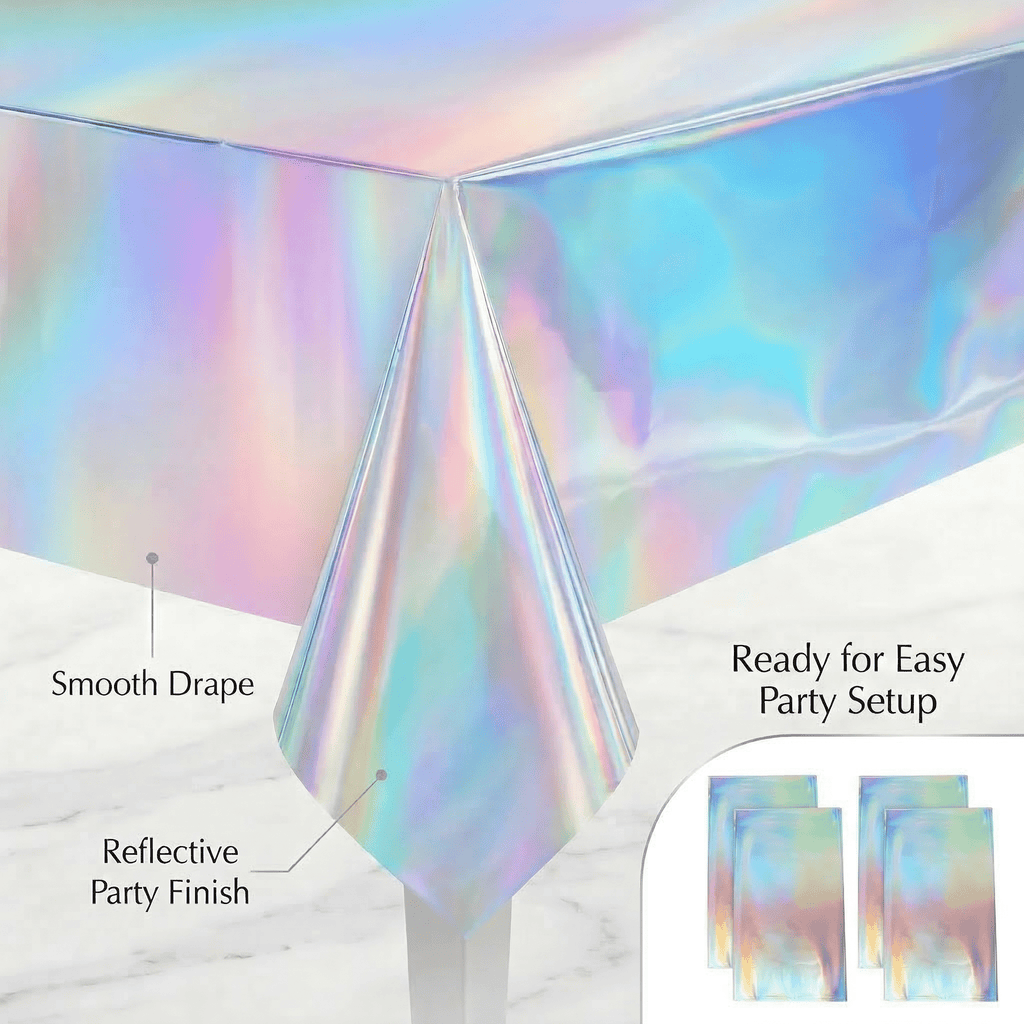 GQCLNBH 4 Pack Iridescent Rectangle Table Covers, 2 x 54 x 108 in and 2 x 54 x 72 in, Holographic Plastic Party Tablecloth Set for Parties, Dessert Tables and Event Decor