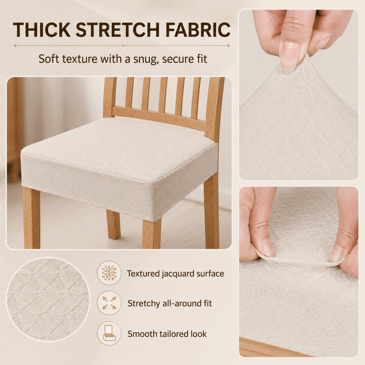 GQCLNBH Waterproof Dining Chair Seat Covers Set of 2, Stretch Jacquard Kitchen Chair Cushion Slipcovers, Beige, Fits 16-19 in