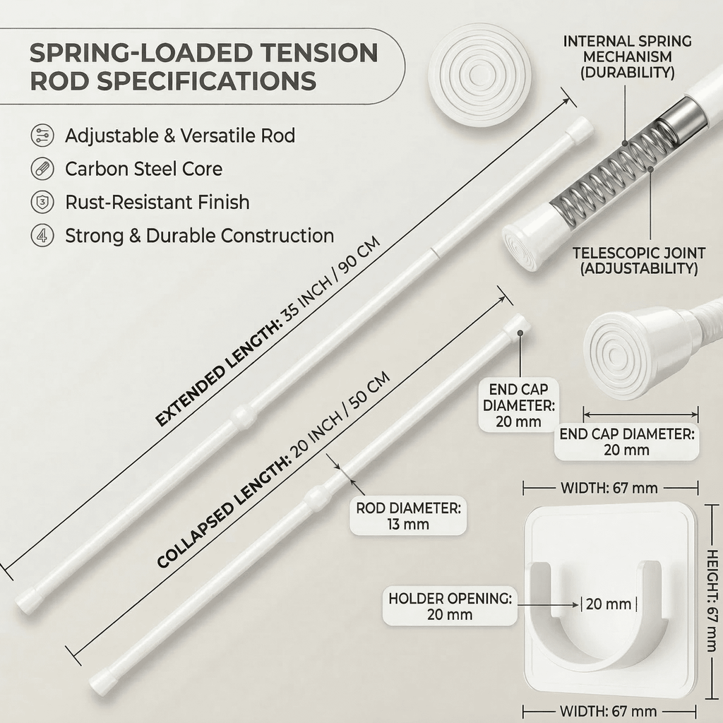 GQCLNBH 2 Pack Spring Tension Curtain Rod Set with 6 Adhesive Holders, Adjustable 20-35 in, White, for Windows, Closets and Cabinets