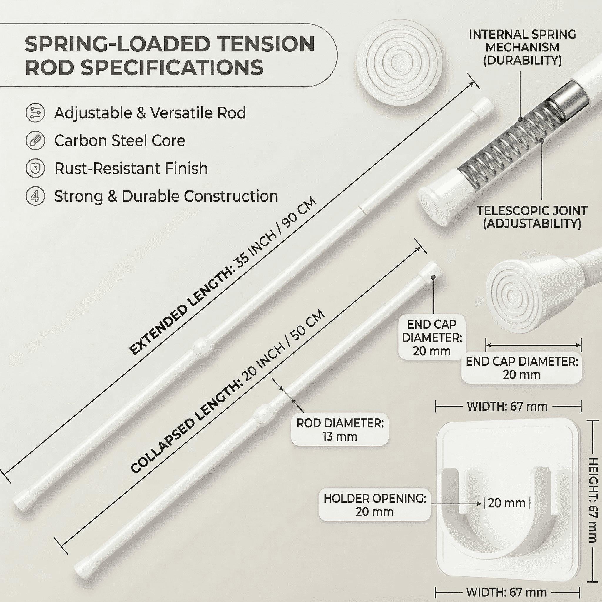GQCLNBH 2 Pack Spring Tension Curtain Rod Set with 6 Adhesive Holders, Adjustable 20-35 in, White, for Windows, Closets and Cabinets
