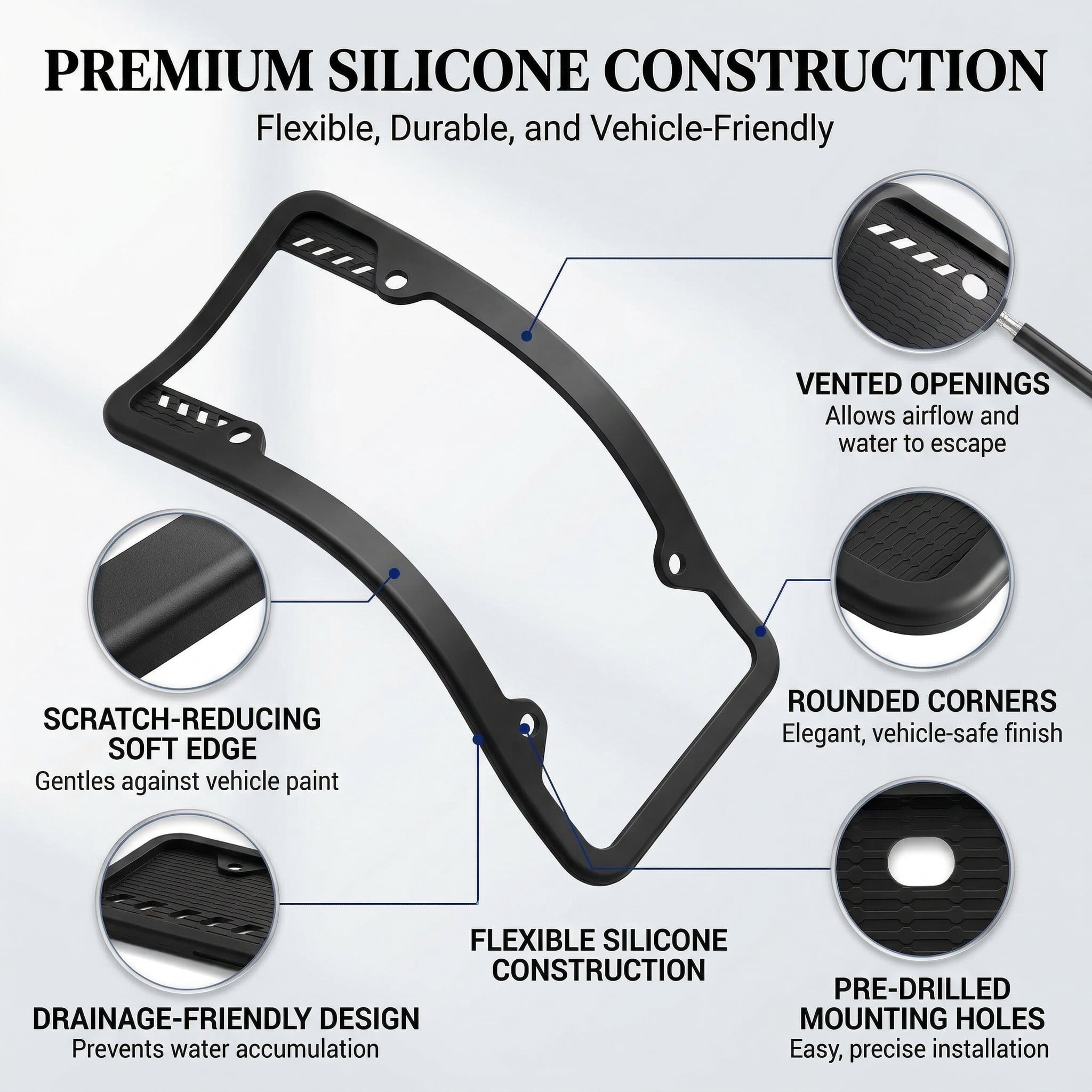 GQCLNBH 2 Pack Silicone License Plate Frames, Black, US Standard 12 x 6 Inch Car Tag Holders with Hardware, Rust Proof, Rattle Proof, Weather Proof