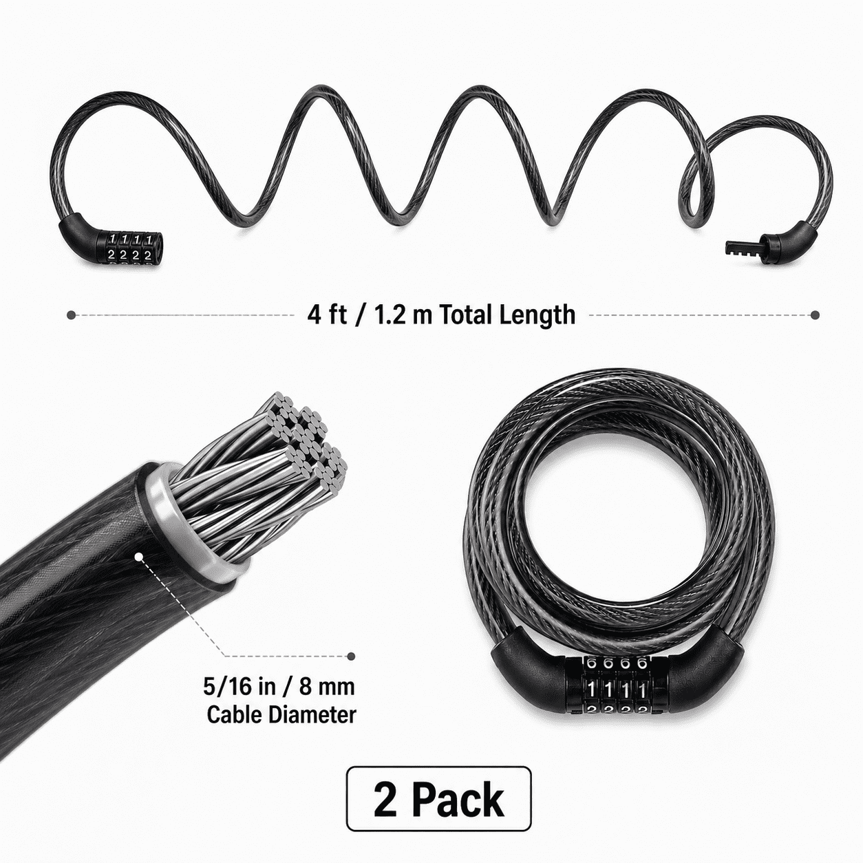GQCLNBH Bike Locks with Combination, 2 Pack 4 ft Coiled Bicycle Cable Locks, 4-Digit Keyless Steel Cable Lock for Bikes, Scooters