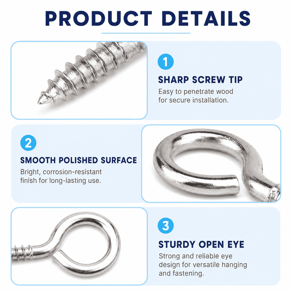 GQCLNBH 100Pcs Stainless Steel Open Eye Screws for Wood, 21 x 10 mm Small Eyelet Screw Hooks, Silver Screw Eyes for DIY Crafts