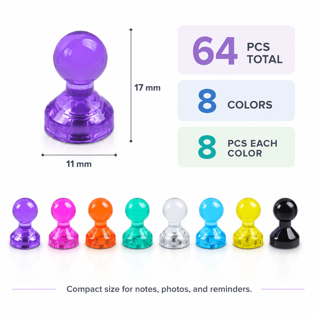 GQCLNBH 64Pcs Colorful Push Pin Magnets, Mini Fridge Magnets for Whiteboard, Refrigerator, Map, Office, School, Classroom, 8 Colors