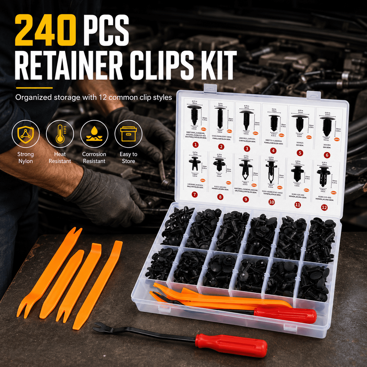 GQCLNBH 245 Pcs Automotive Retainer Clips Kit, 12 Sizes Nylon Push Pin Rivets Fasteners and 5 Removal Tools for Car Bumper Fender Door Trim