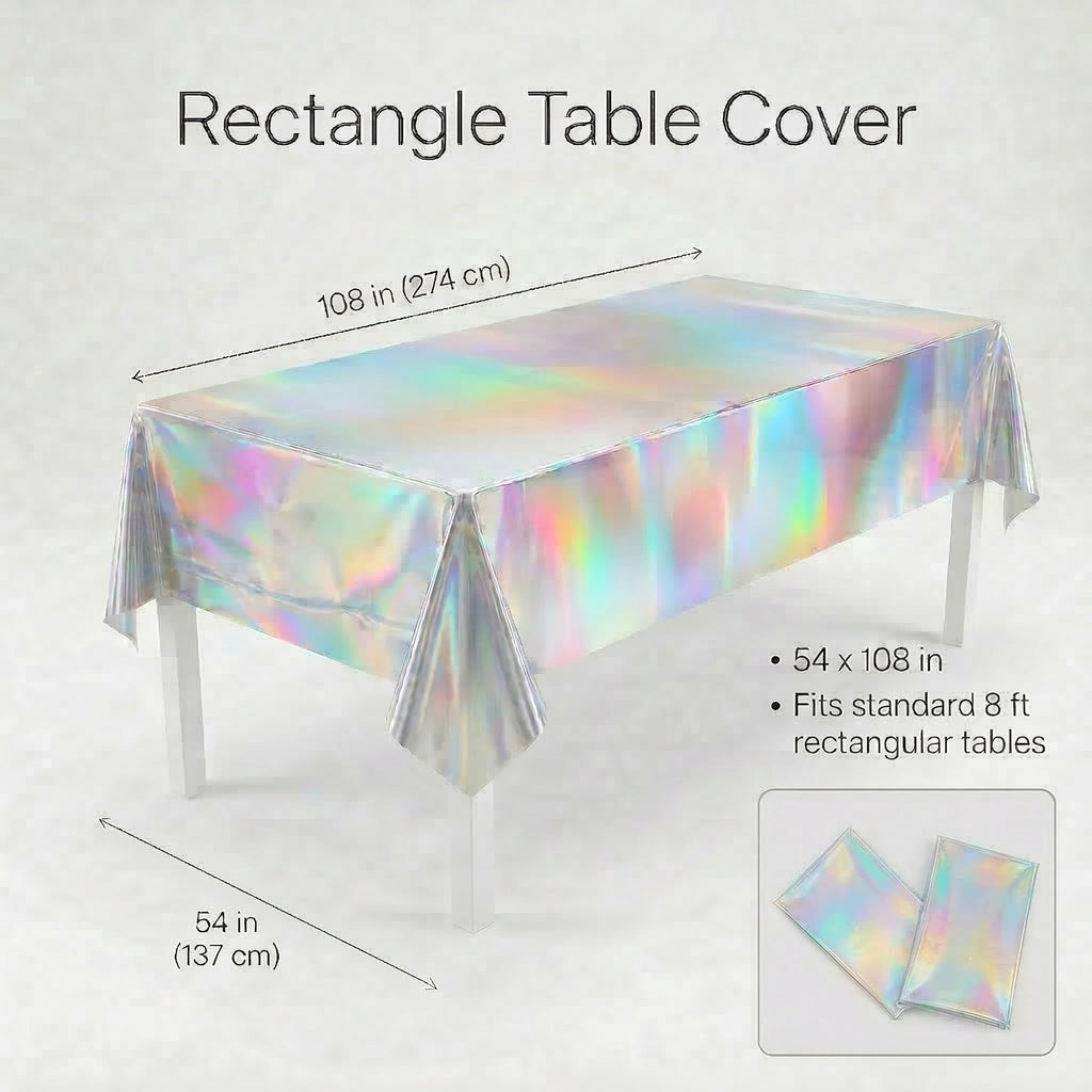 GQCLNBH 4 Pack Iridescent Rectangle Table Covers, 2 x 54 x 108 in and 2 x 54 x 72 in, Holographic Plastic Party Tablecloth Set for Parties, Dessert Tables and Event Decor