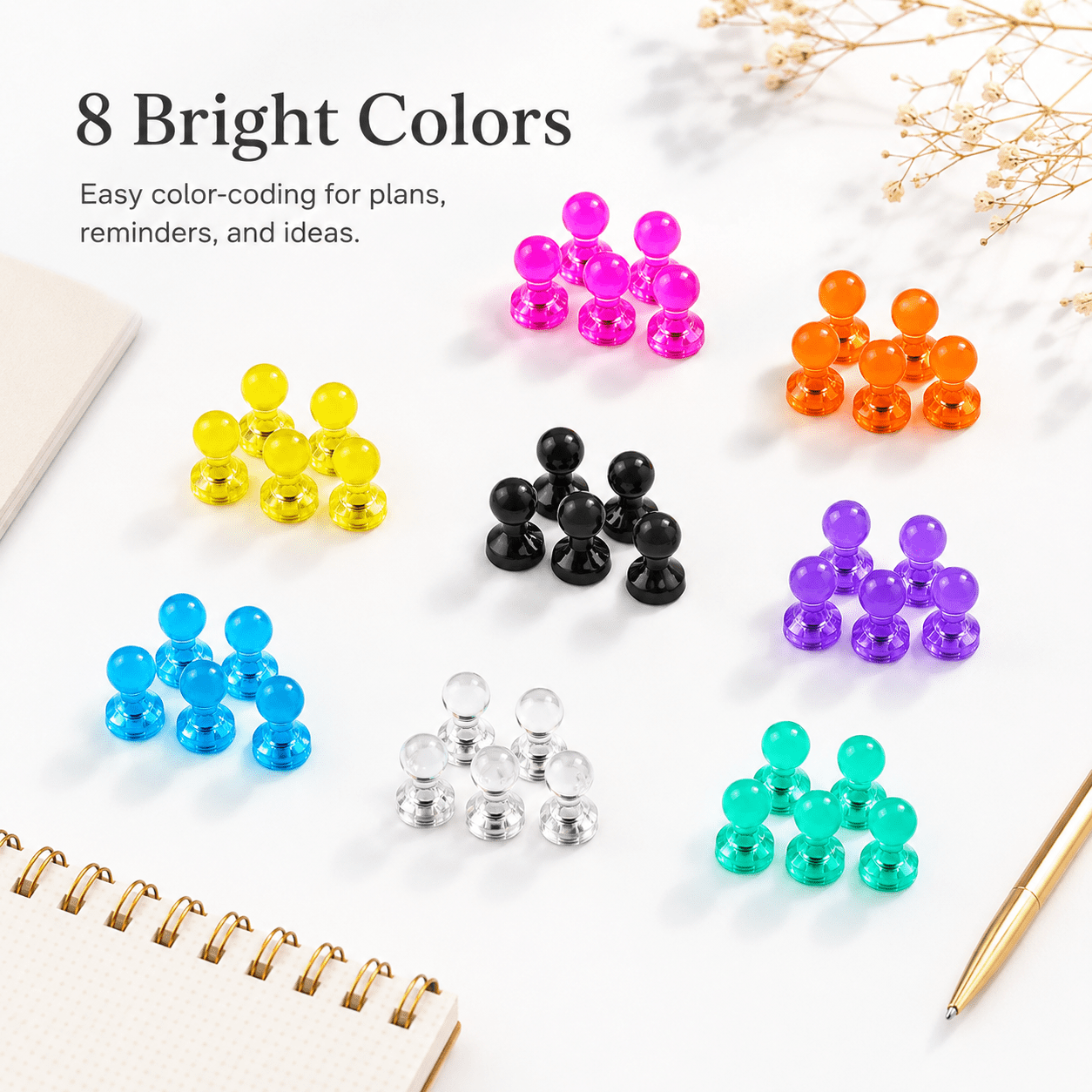 GQCLNBH 64Pcs Colorful Push Pin Magnets, Mini Fridge Magnets for Whiteboard, Refrigerator, Map, Office, School, Classroom, 8 Colors