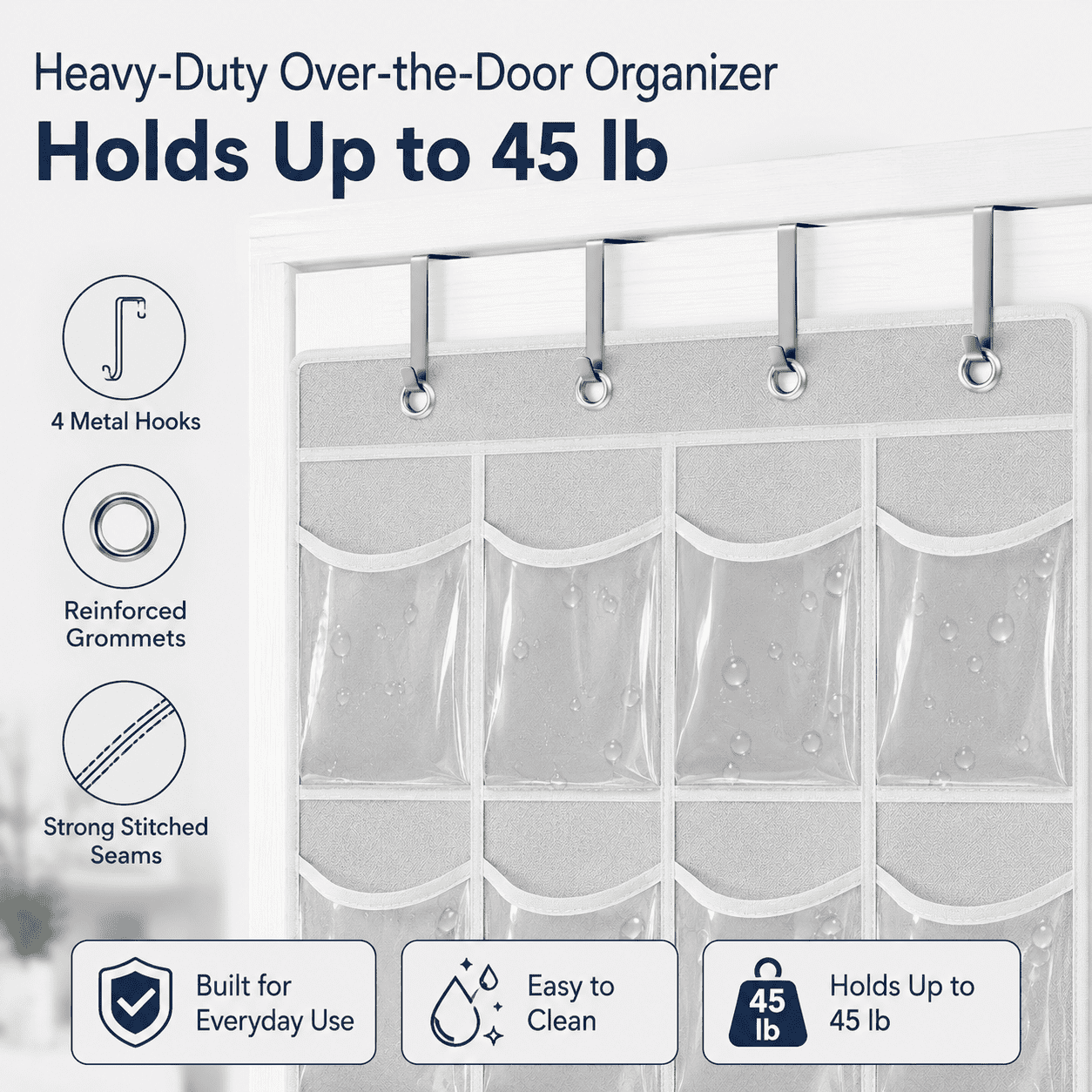 GQCLNBH 24-Pocket Over-the-Door Shoe Organizer, Clear Hanging Shoe Holder with 4 Metal Hooks, Closet Storage Bag, White, 1 Pack