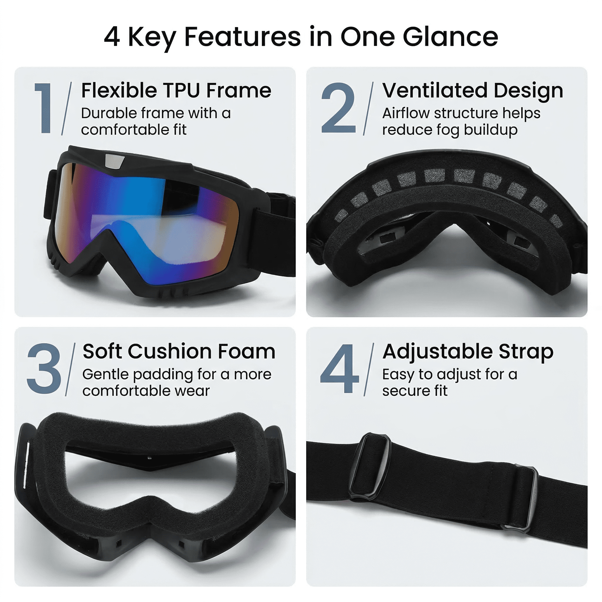 GQCLNBH Motorcycle Goggles 2 Pack, Dirt Bike Ski Riding Goggles, Helmet Compatible, Black Mirror Lens and White Clear Lens, Adjustable Strap