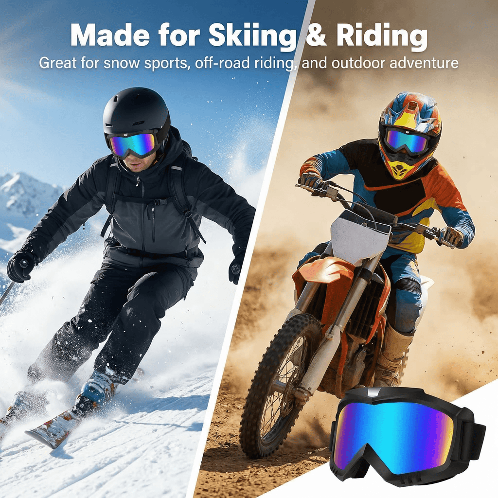 GQCLNBH Motorcycle Goggles 2 Pack, Dirt Bike Ski Riding Goggles, Helmet Compatible, Black Mirror Lens and White Clear Lens, Adjustable Strap
