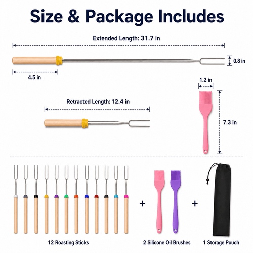GQCLNBH 12 Pack Marshmallow Roasting Sticks, 32 Inch Telescoping Smores Forks with 2 Silicone Brushes and Storage Pouch
