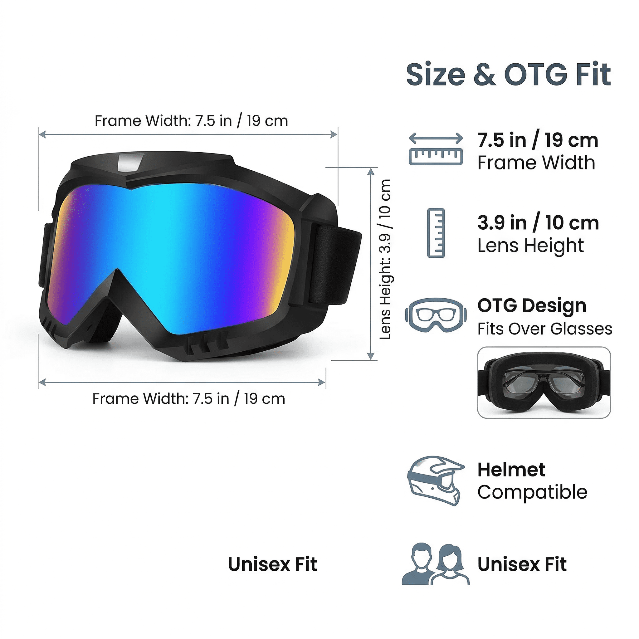 GQCLNBH Motorcycle Goggles 2 Pack, Dirt Bike Ski Riding Goggles, Helmet Compatible, Black Mirror Lens and White Clear Lens, Adjustable Strap