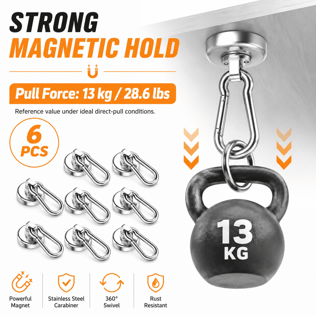 GQCLNBH Magnetic Hooks, 6 Pack Heavy Duty Swivel Carabiner Magnet Hooks, 28.6 lb Pull Force, Stainless Steel Cruise Hooks for Refrigerator, Garage
