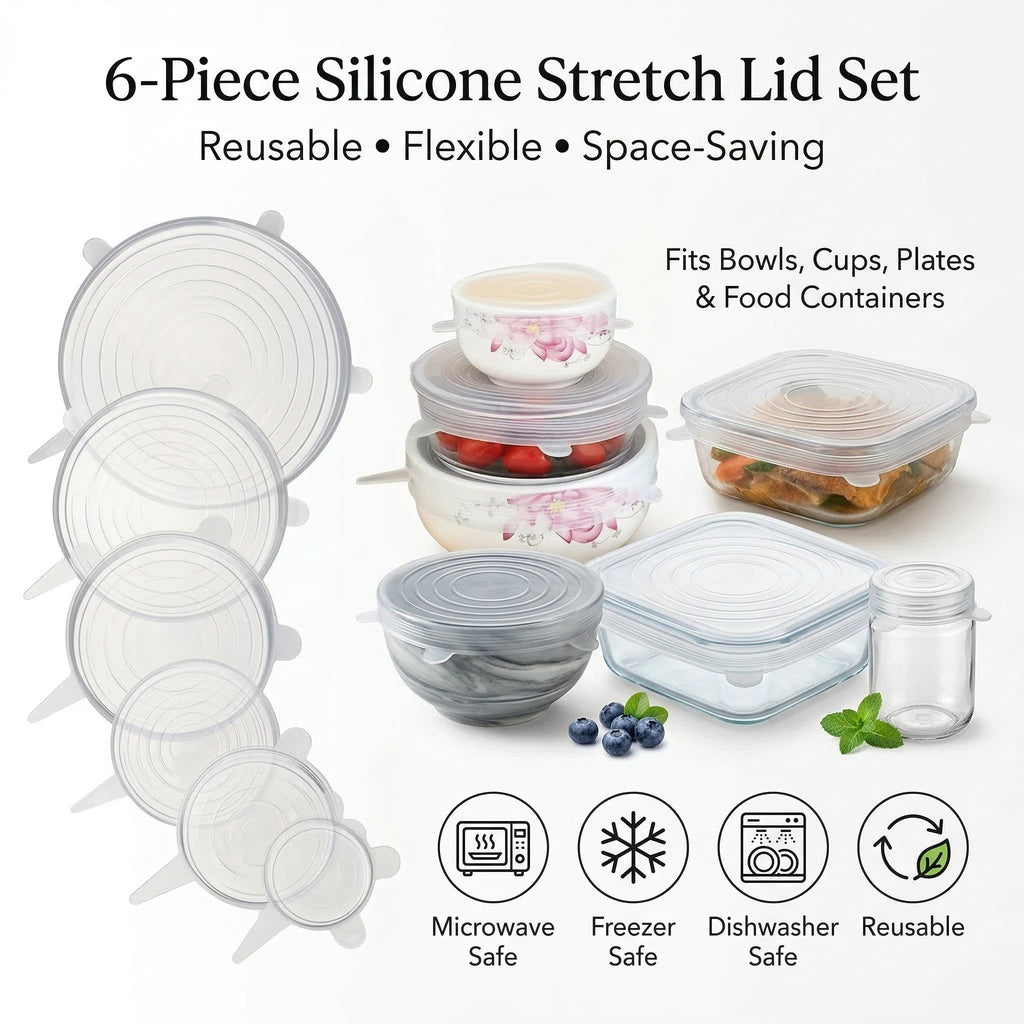 GQCLNBH 6-Pack Silicone Stretch Lids, Reusable Flexible Food Covers, 6 Assorted Sizes for Bowls, Cups, Jars and Containers, Clear Kitchen Covers