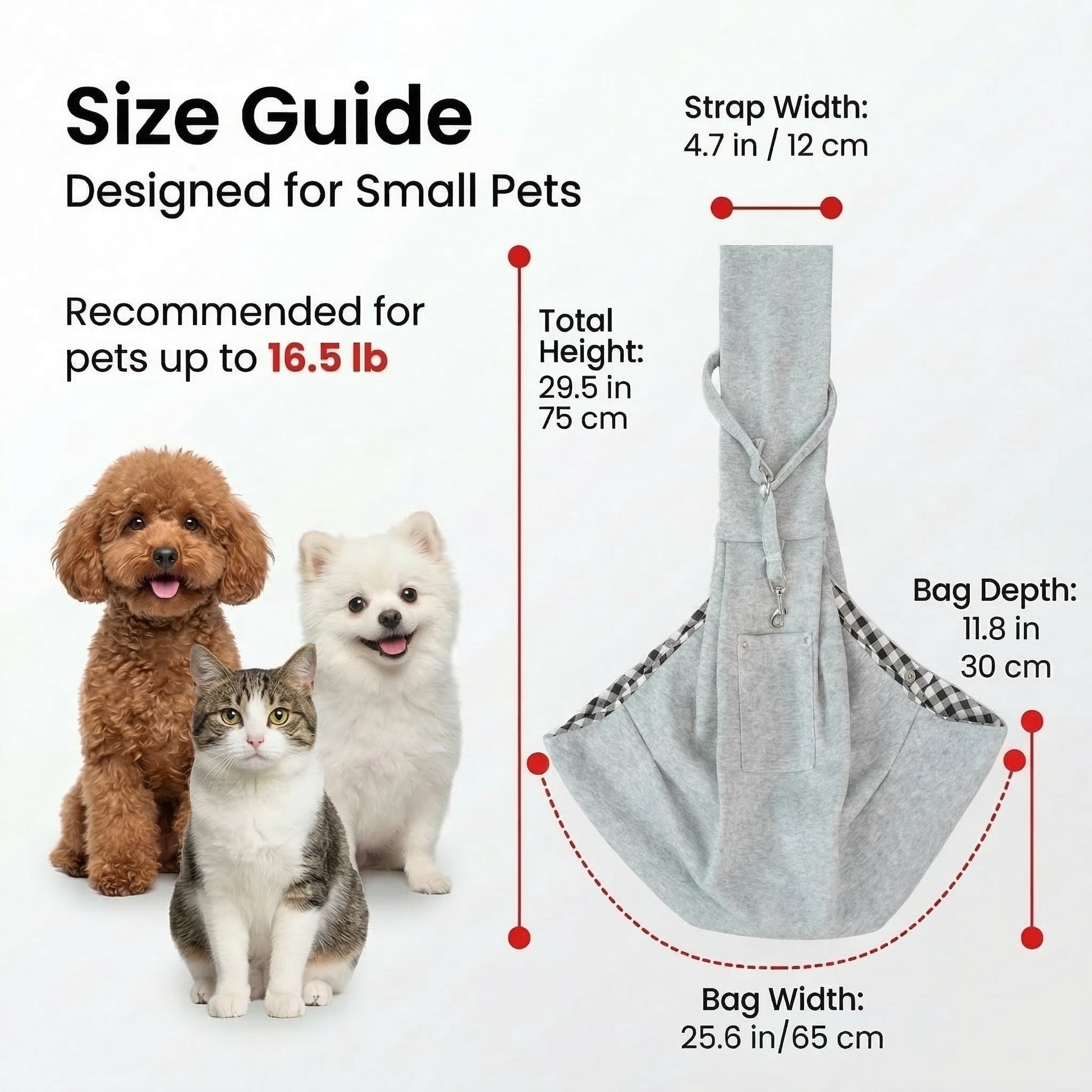 GQCLNBH Dog Sling Carrier for Small Dogs & Cats, Gray M, Hands-Free Pet Shoulder Carrier with Safety Hook, Storage Pocket & Snap Closure, Up to 16.5 lb