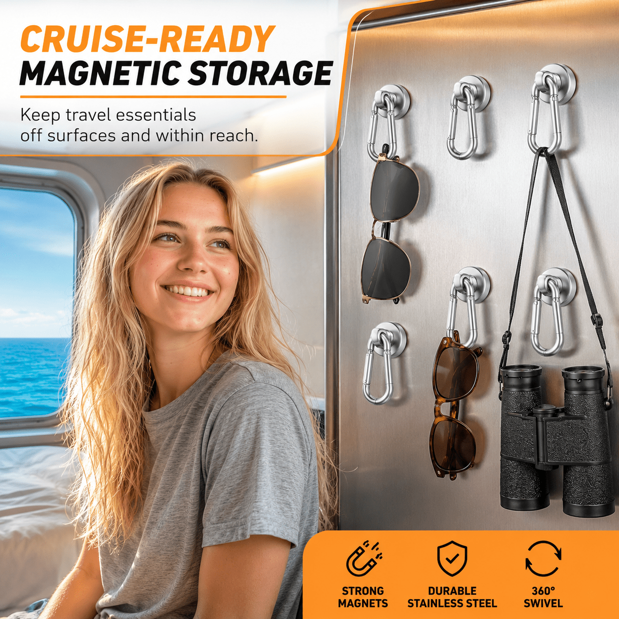 GQCLNBH Magnetic Hooks, 6 Pack Heavy Duty Swivel Carabiner Magnet Hooks, 28.6 lb Pull Force, Stainless Steel Cruise Hooks for Refrigerator, Garage