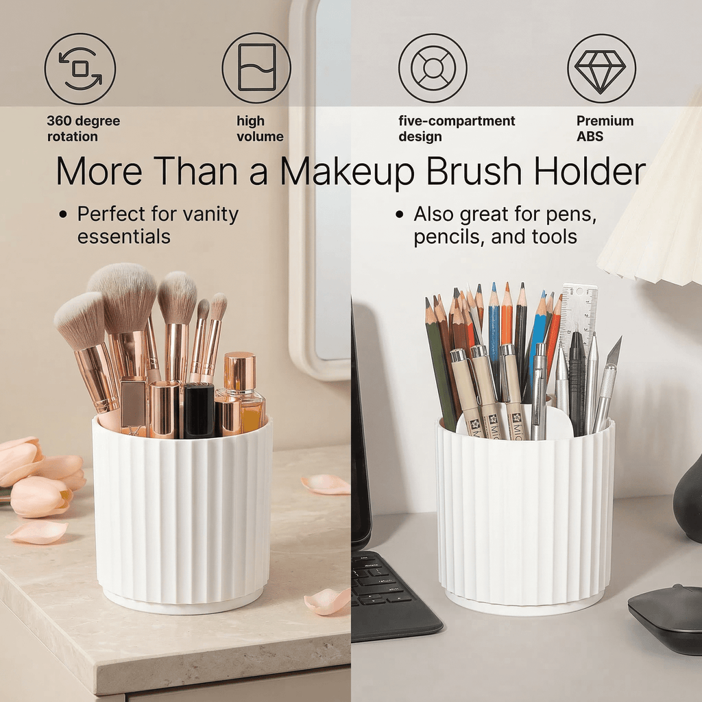 GQCLNBH Makeup Brush Holder with Clear Lid, 360 Rotating 5-Compartment Dustproof Makeup Brush Organizer for Vanity, White