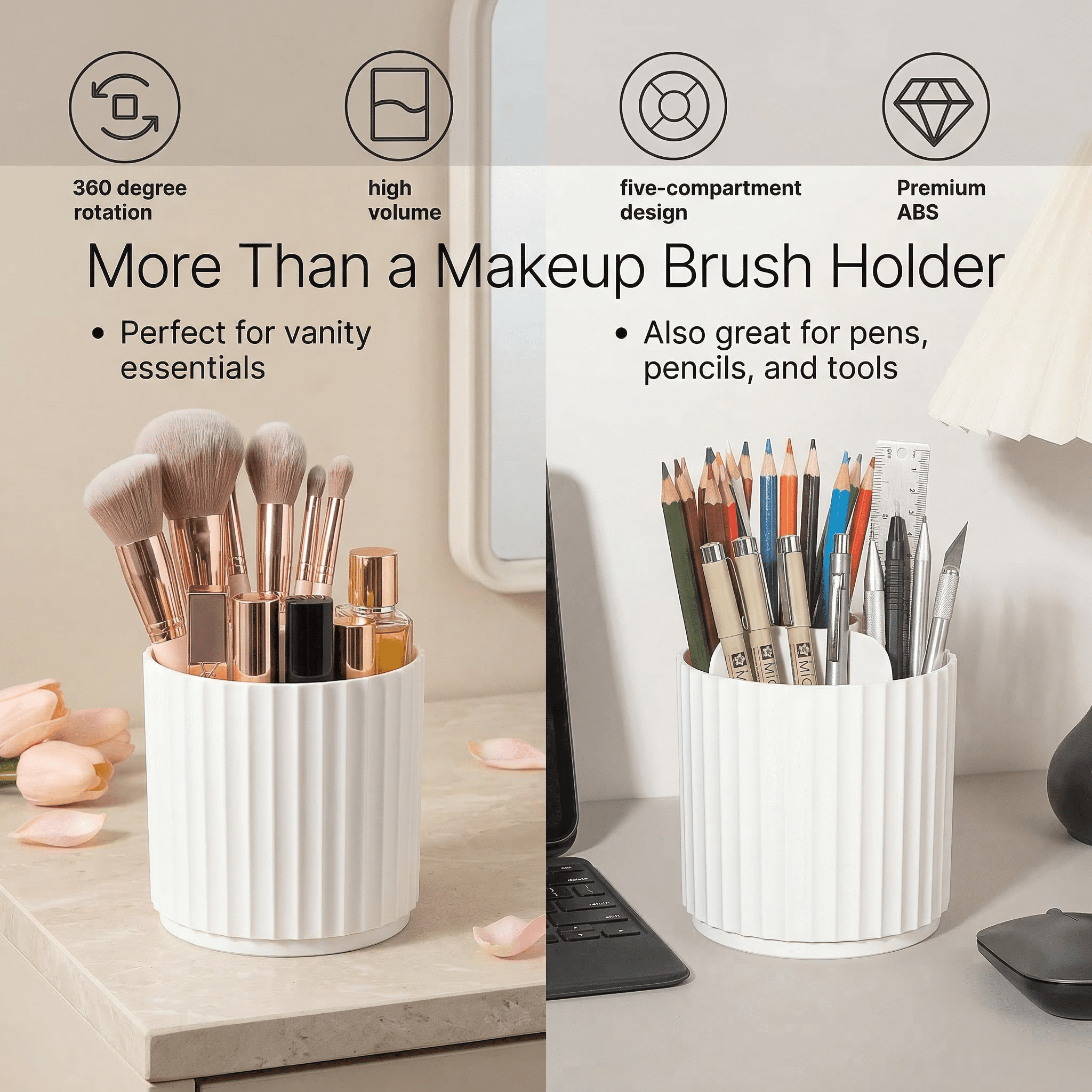 GQCLNBH Makeup Brush Holder with Clear Lid, 360 Rotating 5-Compartment Dustproof Makeup Brush Organizer for Vanity, White