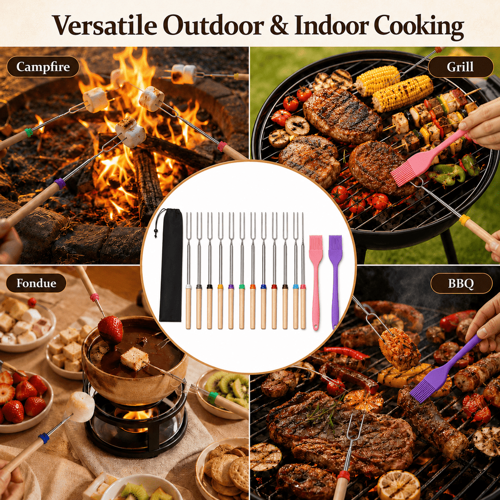 GQCLNBH 12 Pack Marshmallow Roasting Sticks, 32 Inch Telescoping Smores Forks with 2 Silicone Brushes and Storage Pouch