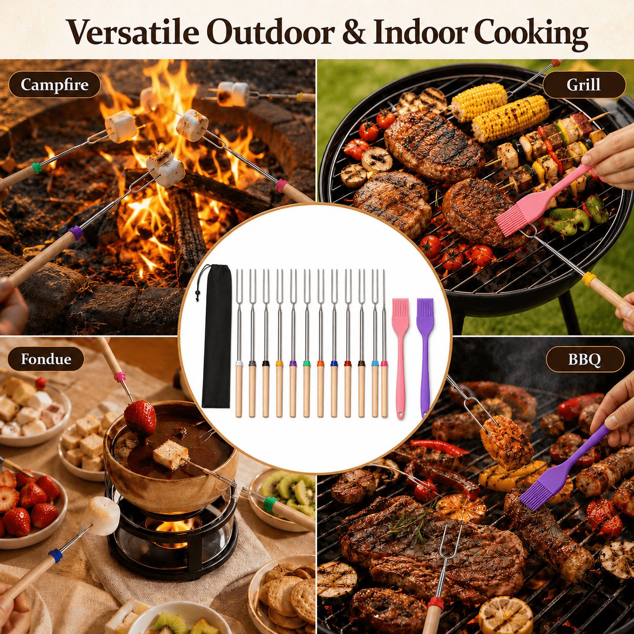 GQCLNBH 12 Pack Marshmallow Roasting Sticks, 32 Inch Telescoping Smores Forks with 2 Silicone Brushes and Storage Pouch