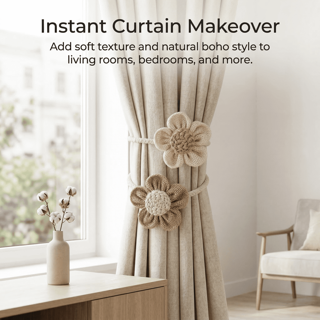 GQCLNBH Flower Curtain Tiebacks, 2 Pack Boho Curtain Holdbacks for Curtains, Decorative Rope Tie Backs, Beige & Khaki, Bedroom Living Room