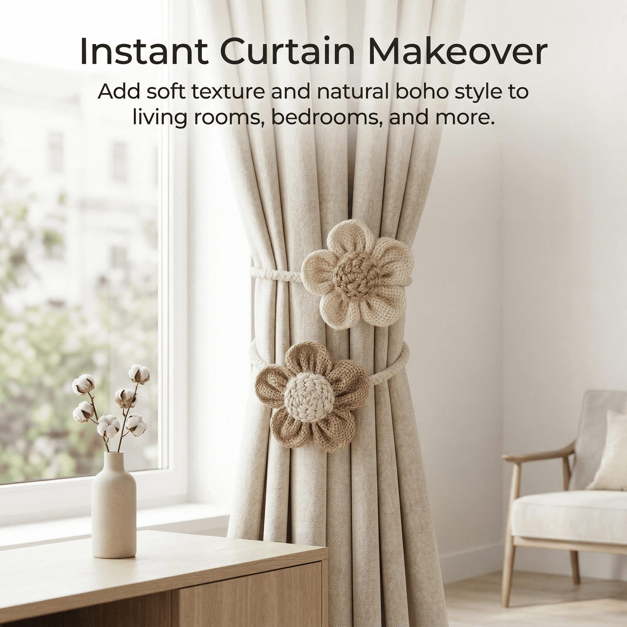 GQCLNBH Flower Curtain Tiebacks, 2 Pack Boho Curtain Holdbacks for Curtains, Decorative Rope Tie Backs, Beige & Khaki, Bedroom Living Room