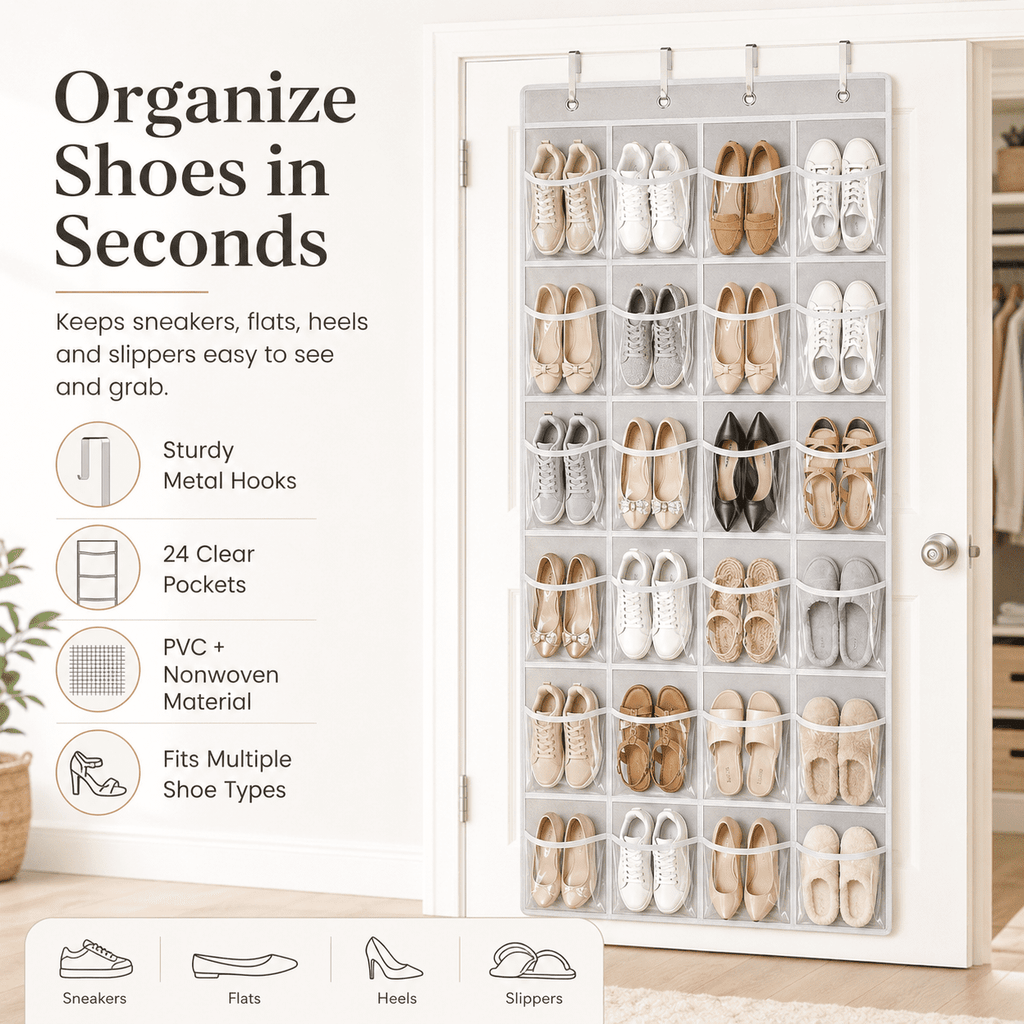 GQCLNBH 24-Pocket Over-the-Door Shoe Organizer, Clear Hanging Shoe Holder with 4 Metal Hooks, Closet Storage Bag, White, 1 Pack