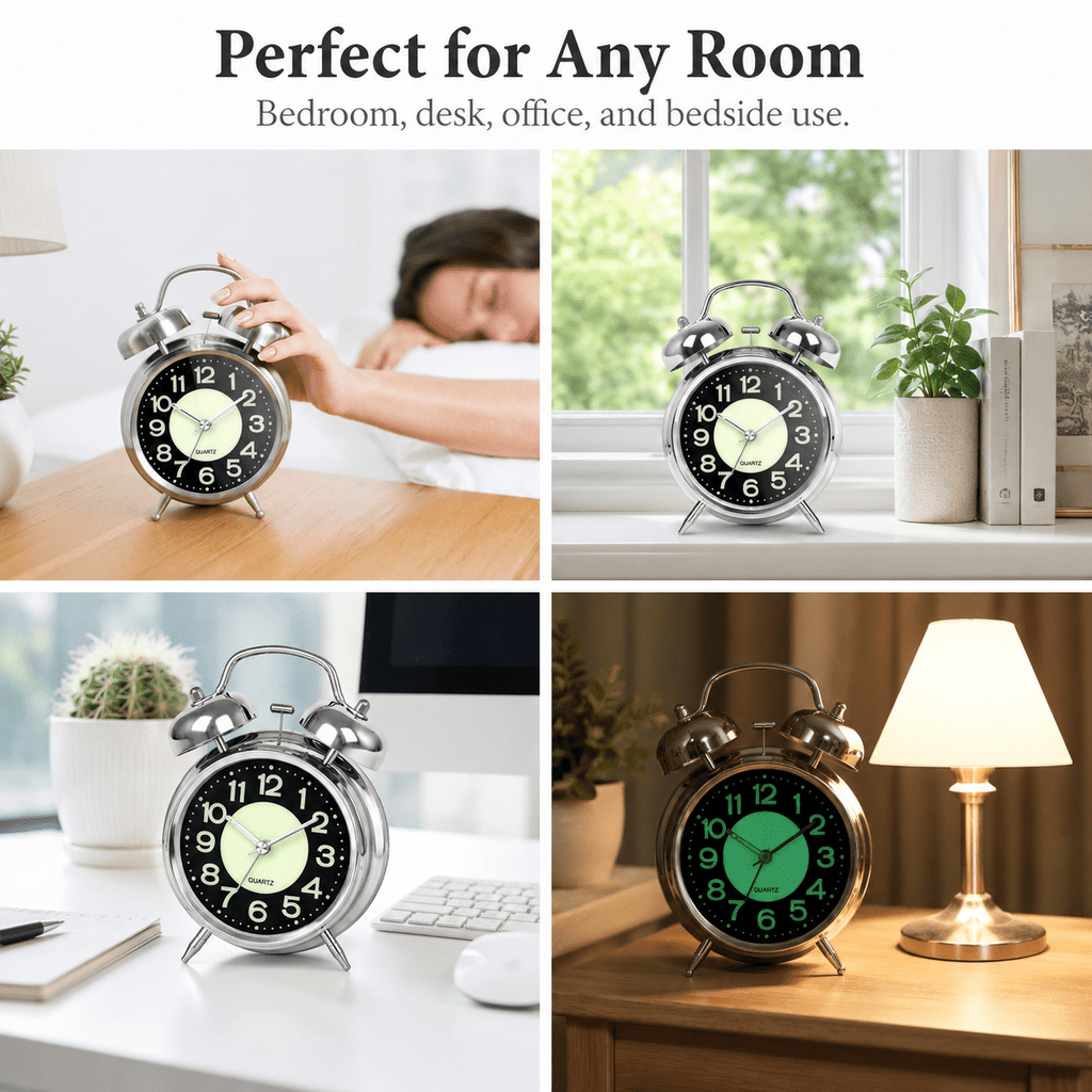 GQCLNBH Twin Bell Alarm Clock, Loud Analog Bedside Clock with Glow-in-the-Dark Dial, Silent Sweep, Night Light, Silver