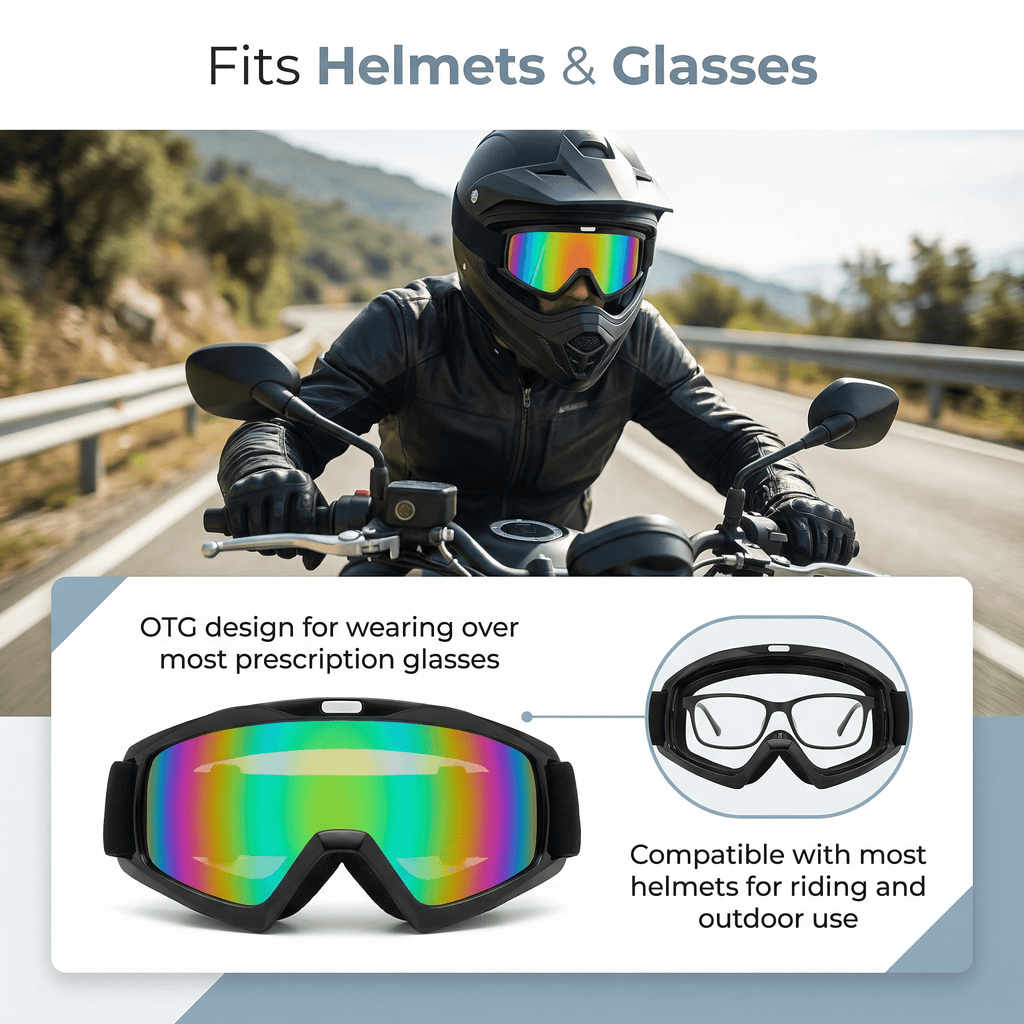 GQCLNBH Motorcycle Goggles 2 Pack, Dirt Bike Ski Riding Goggles, Helmet Compatible, Black Mirror Lens and White Clear Lens, Adjustable Strap