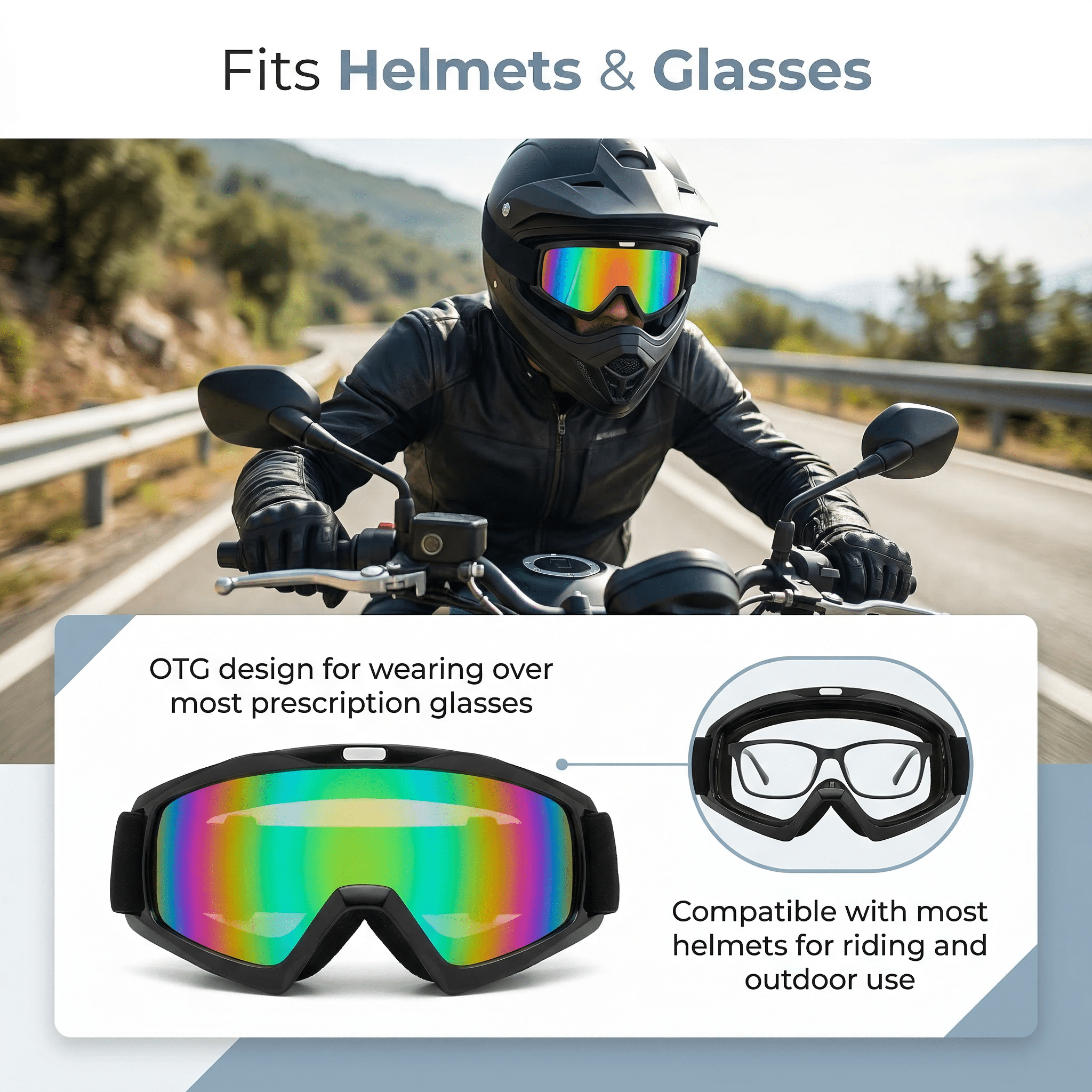 GQCLNBH Motorcycle Goggles 2 Pack, Dirt Bike Ski Riding Goggles, Helmet Compatible, Black Mirror Lens and White Clear Lens, Adjustable Strap