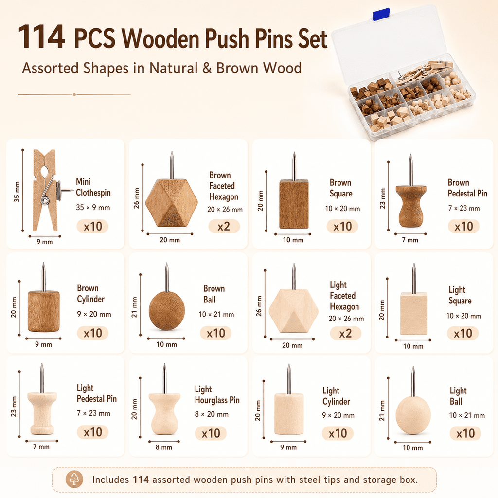 GQCLNBH 114 PCS Wooden Push Pins Set with Storage Box, Decorative Thumb Tacks & Mini Clothespins for Cork Bulletin Boards