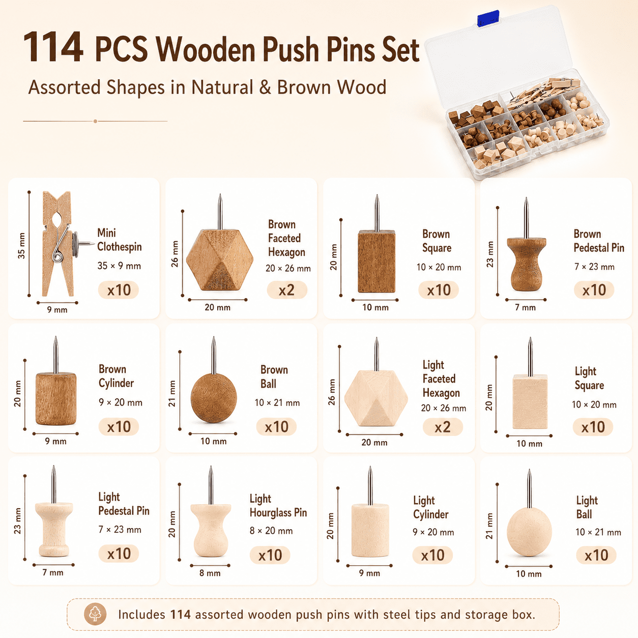 GQCLNBH 114 PCS Wooden Push Pins Set with Storage Box, Decorative Thumb Tacks & Mini Clothespins for Cork Bulletin Boards