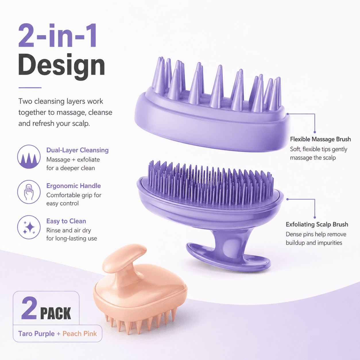 GQCLNBH 2 Pack Hair Scalp Massager Shampoo Brush, Soft Silicone Scalp Scrubber for Wet & Dry Shower Hair Care, Purple & Peach Pink
