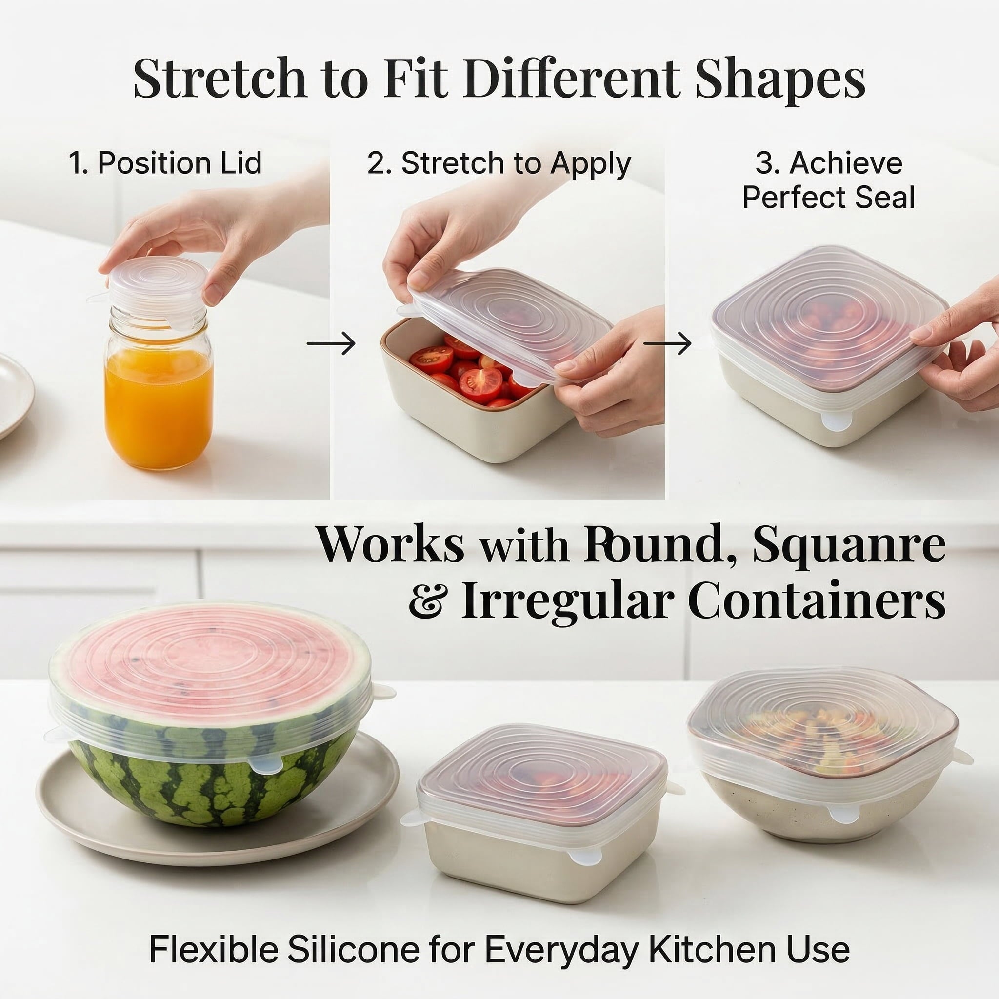 GQCLNBH 6-Pack Silicone Stretch Lids, Reusable Flexible Food Covers, 6 Assorted Sizes for Bowls, Cups, Jars and Containers, Clear Kitchen Covers