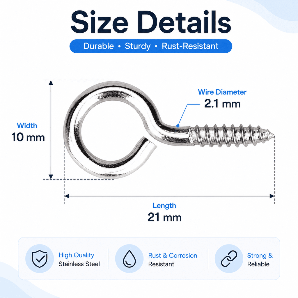 GQCLNBH 100Pcs Stainless Steel Open Eye Screws for Wood, 21 x 10 mm Small Eyelet Screw Hooks, Silver Screw Eyes for DIY Crafts