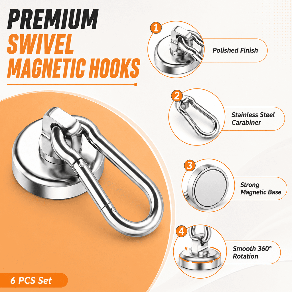 GQCLNBH Magnetic Hooks, 6 Pack Heavy Duty Swivel Carabiner Magnet Hooks, 28.6 lb Pull Force, Stainless Steel Cruise Hooks for Refrigerator, Garage
